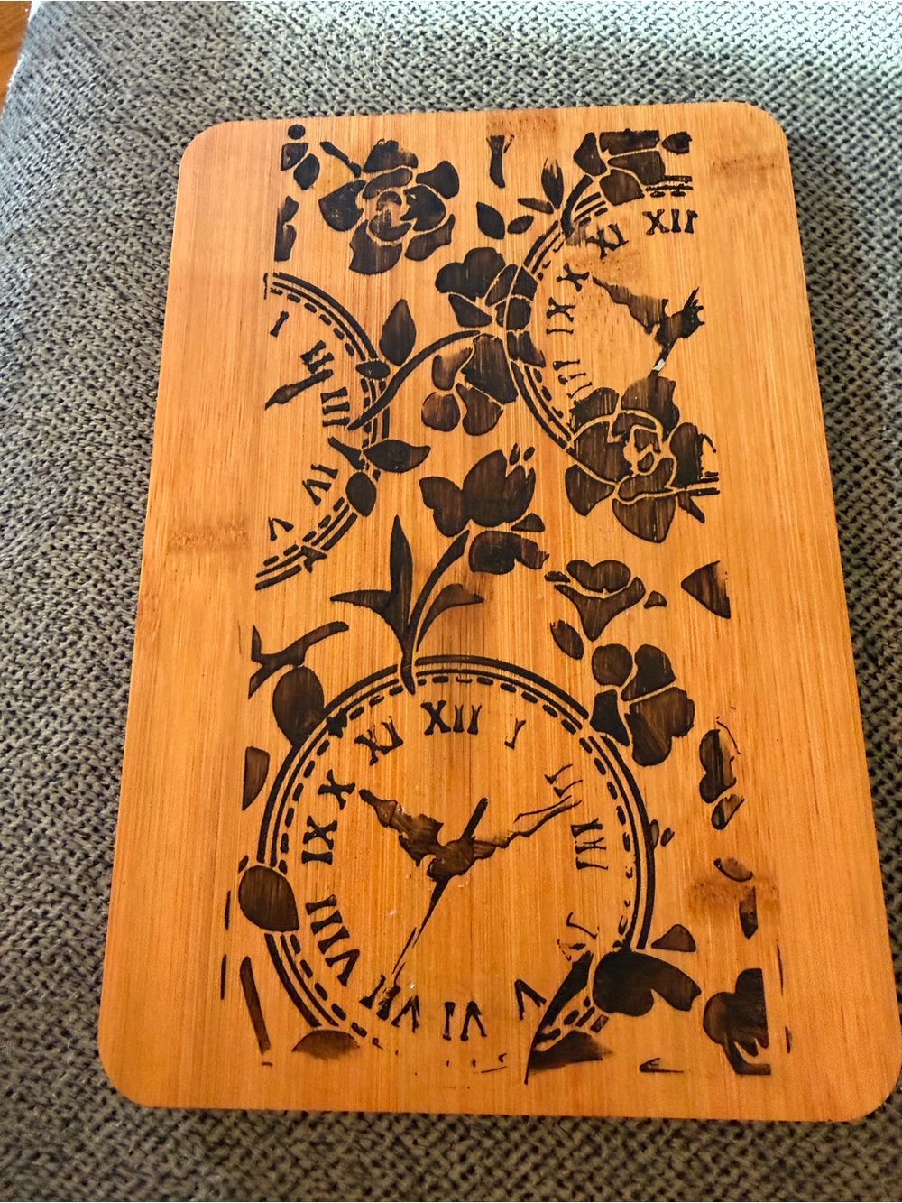 Natural Bamboo charcuterie board with scorched Black Clock & Floral Design
